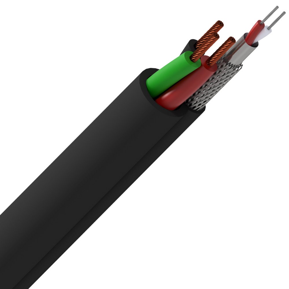 Cabos de sinal e AC com revestimento preto e condutores internos, indicados para áudio, energia e equipamentos profissionais.