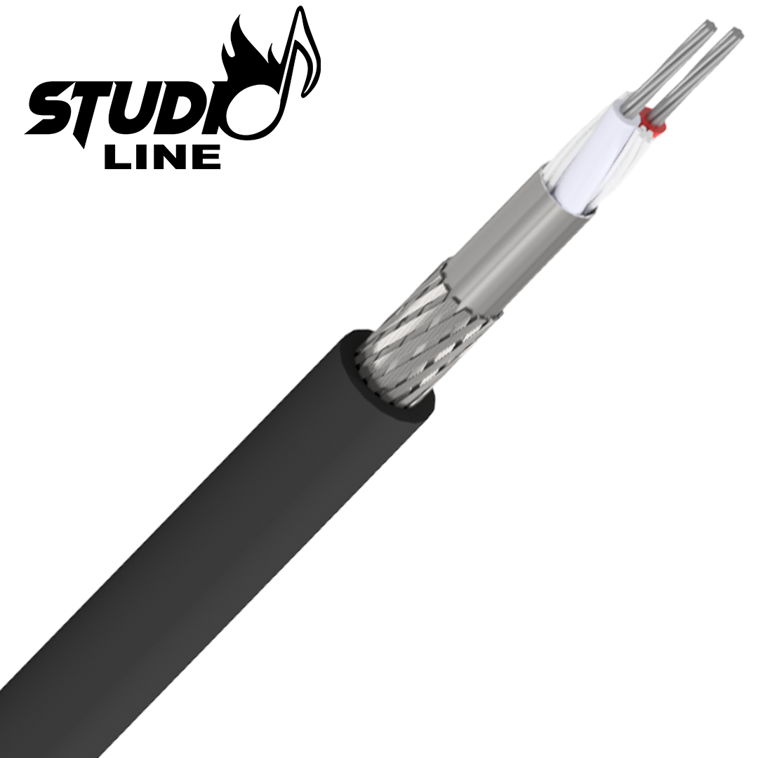 Cabo de microfone preto com revestimento emborrachado, malha de cobre estanhado, fita de poliéster e duas veias internas (vermelha e branca) de 0,20mm² com cordinha trançada.