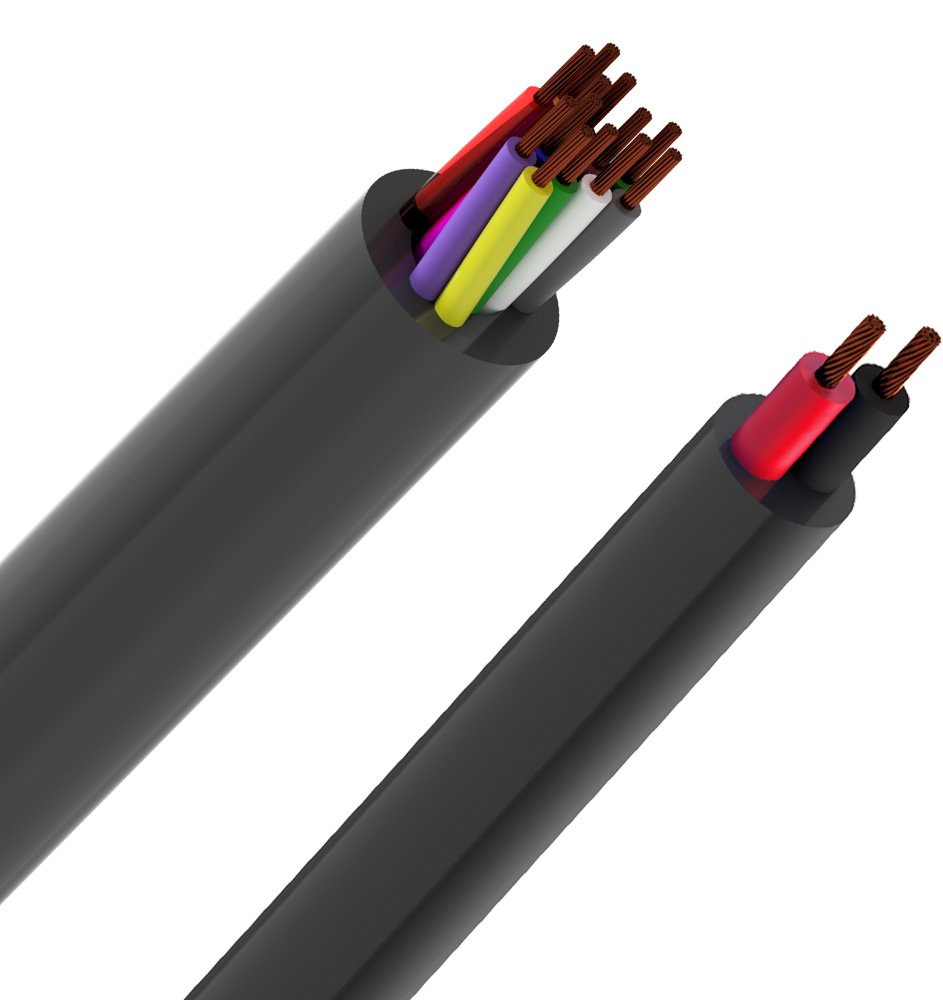 Cabos para caixa acústica com revestimento preto e condutores internos de cobre, indicados para sistemas de som e áudio profissional.