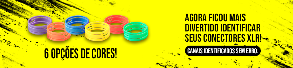 Anéis coloridos para identificação de conectores XLR, com 6 opções de cores: roxo, laranja, azul, amarelo, vermelho e verde. Texto na imagem: 'Agora ficou mais divertido identificar seus conectores XLR! Canais identificados sem erro.' Fundo amarelo com detalhes em preto.