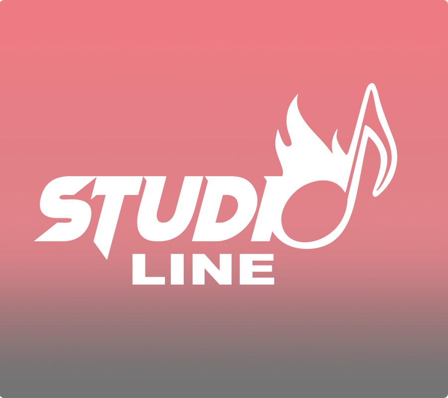 5-STUDIO Logotipo Studio Line em branco com chama e nota musical, sobre fundo vermelho escuro em degradê.