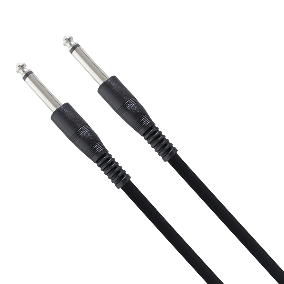 Dois cabos pretos com conectores P10 metálicos nas extremidades, usados para ligação de instrumentos musicais profissionais.
