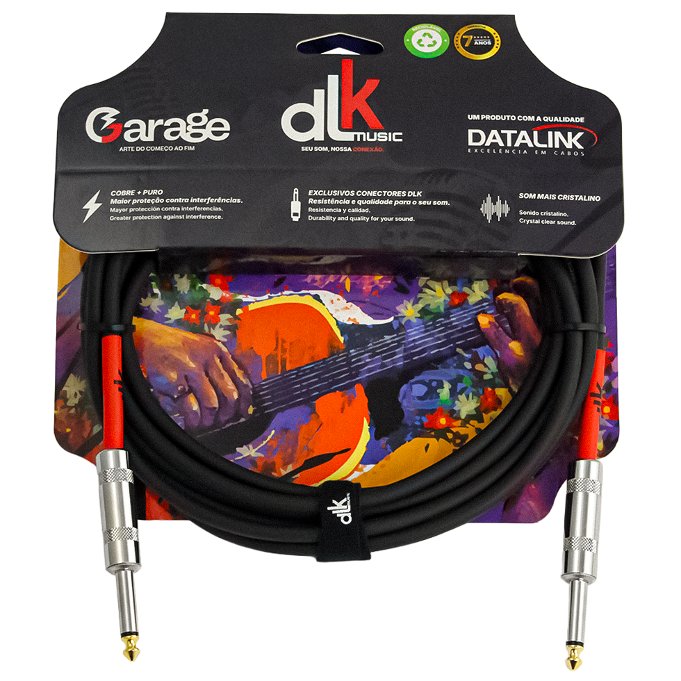 Cabo Garage DLK Music para instrumentos com conectores P10 metálicos, embalagem ilustrada e indicado para uso musical.
