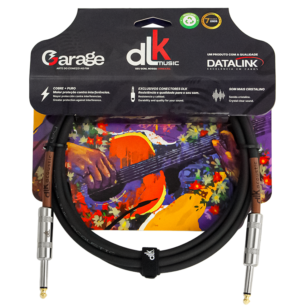 Cabo P10 DLK Acoustic emborrachado preto, pontas douradas e proteção marrom. Fundo com ilustração de violão.