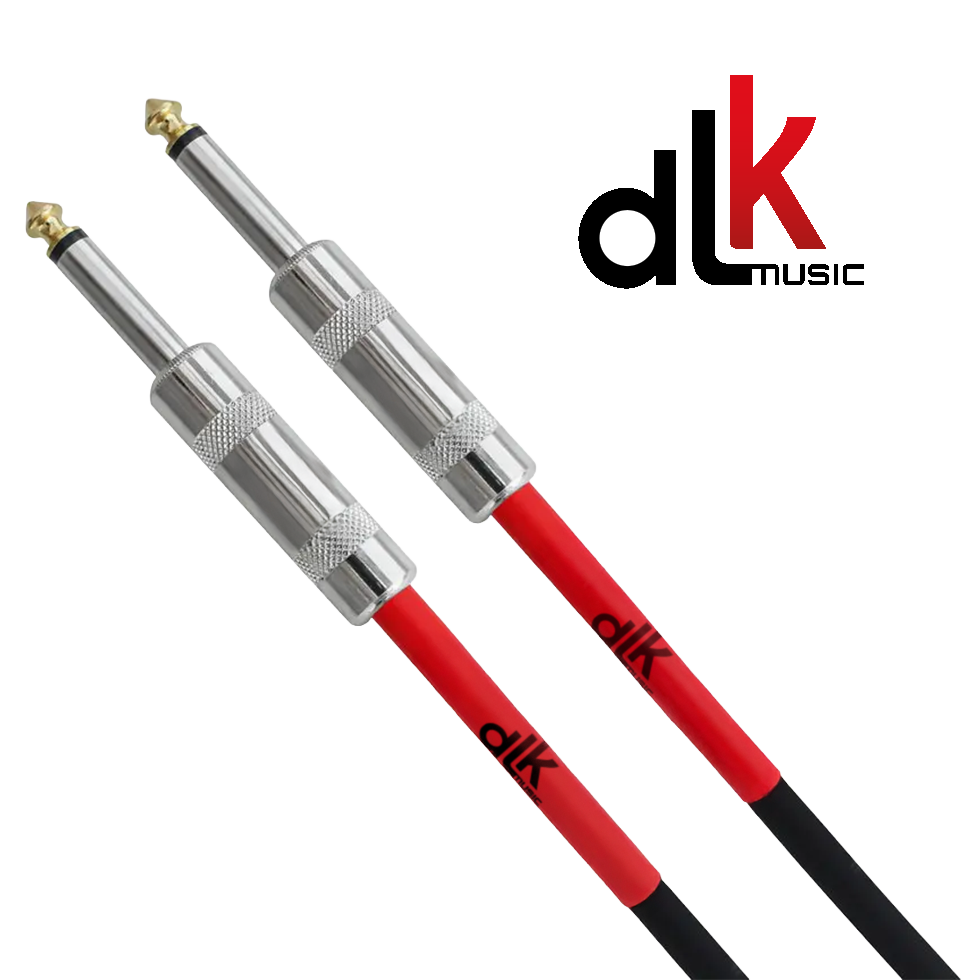 Dois cabos para instrumentos DLK Music com conectores P10 metálicos e acabamento vermelho e preto, para uso musical.