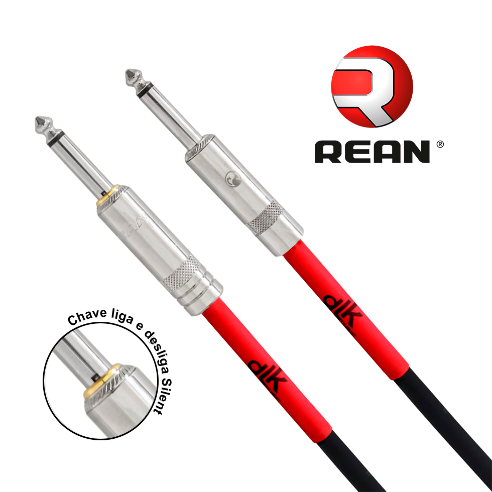 Dois cabos DLK com conectores P10 metálicos REAN e detalhe de chave liga/desliga, cabos nas cores vermelho e preto.