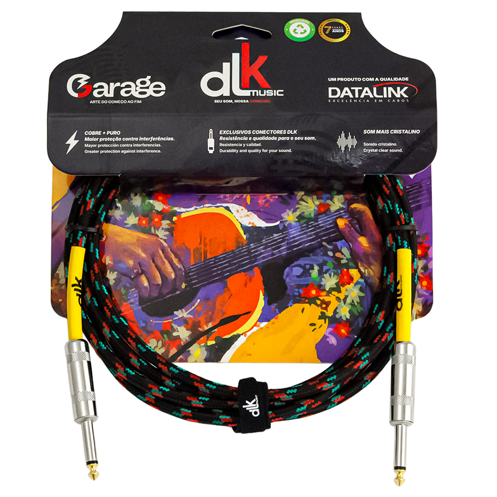 Cabo P10 DLK Music Jazz trançado preto e verde com pontas douradas e proteção amarela. Fundo com ilustração de violão.
