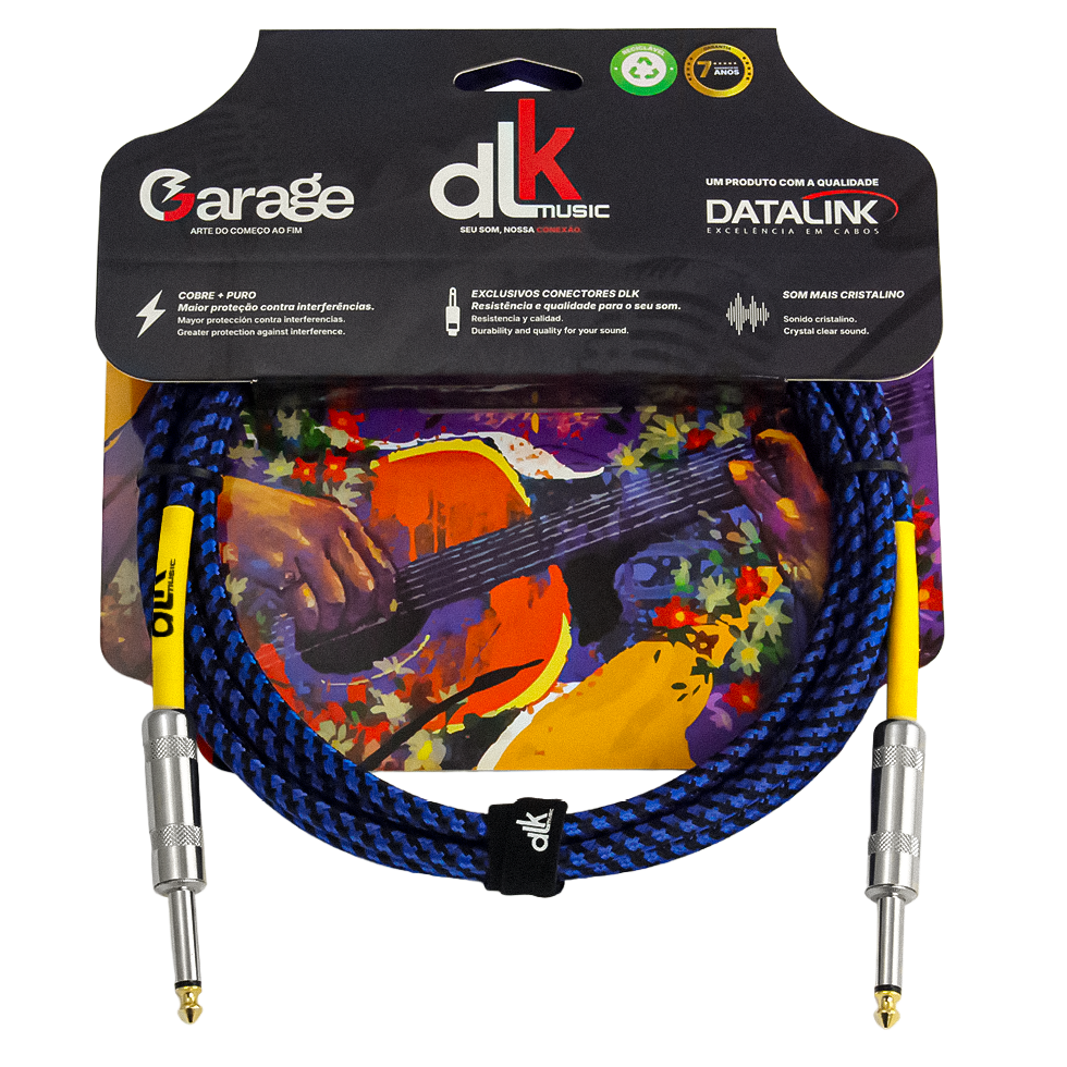 Cabo P10 DLK Music Samba trançado preto e branco com pontas douradas e proteção amarela. Fundo com ilustração de violão.