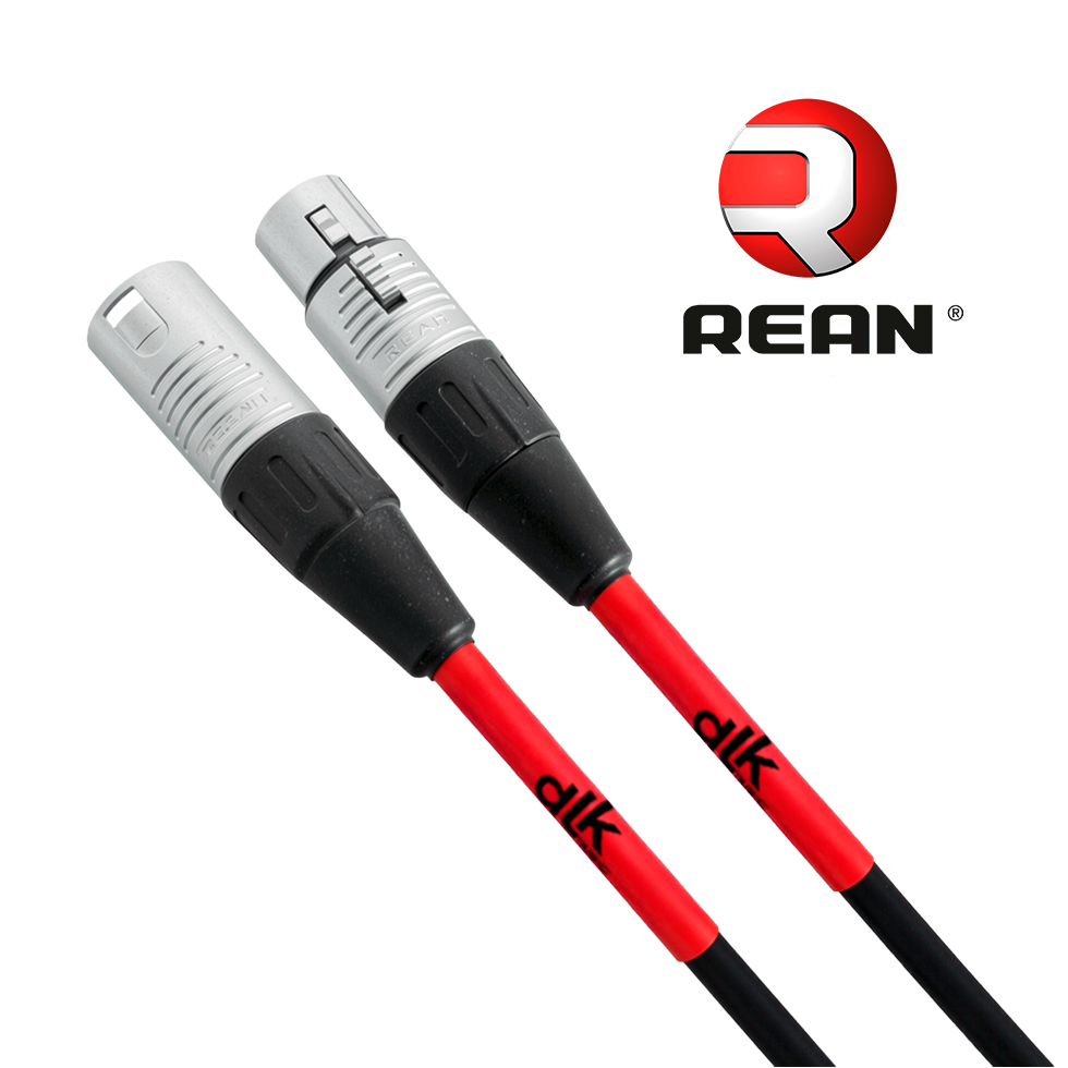 Dois cabos DLK vermelho e preto com conectores XLR REAN metálicos, exibidos sobre fundo branco.