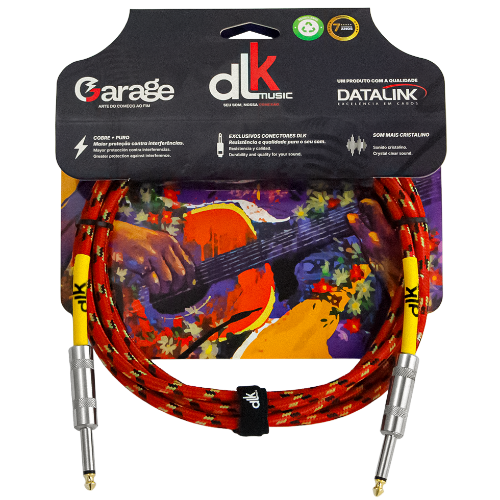 Cabo Garage DLK Music para instrumentos com revestimento têxtil vermelho estilo rock e conectores P10 metálicos.