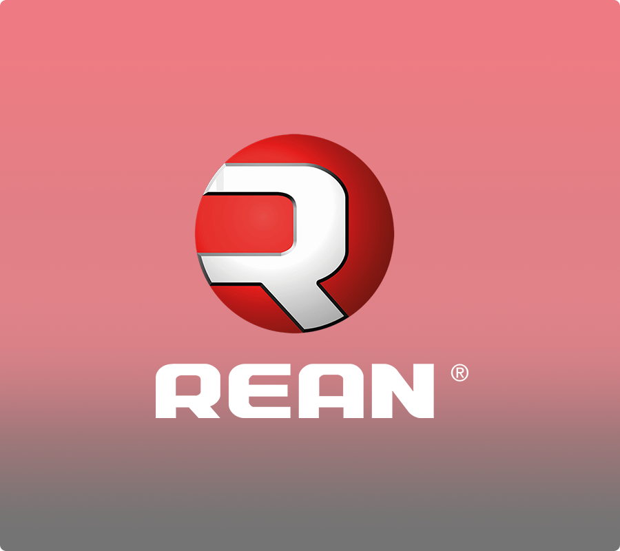 Rean Logotipo REAN com letra R estilizada em círculo vermelho sobre fundo vinho, representando a marca de conectores de áudio.
