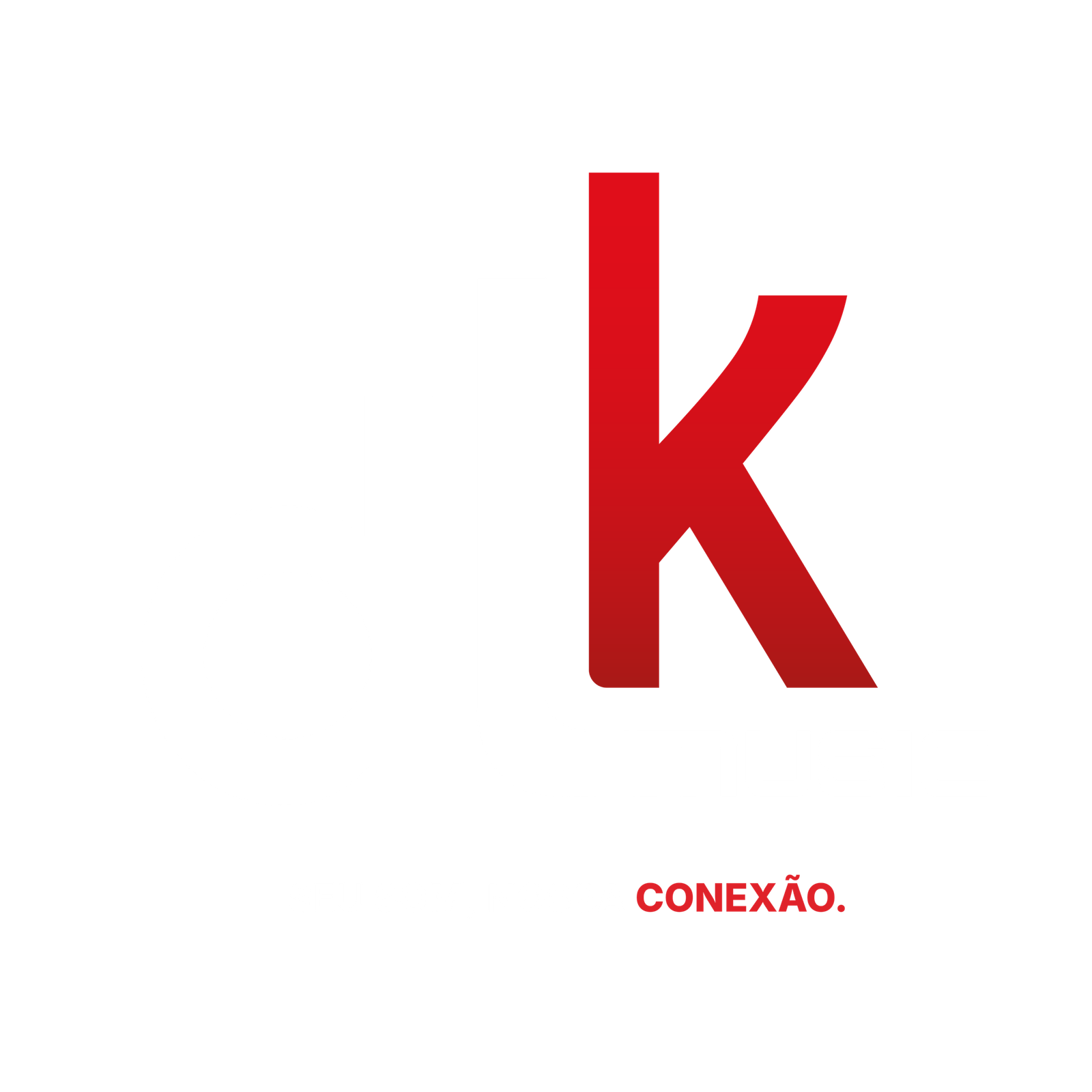 Todas as versões_Original_Square + Tagline Logo dlk music em branco e vermelho com o slogan "SEU SOM, NOSSA CONEXÃO" sobre fundo preto.