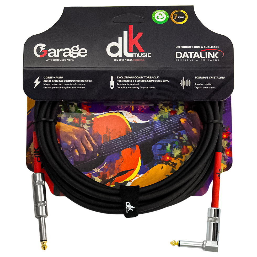 Cabo Garage DLK Music para instrumentos com conectores P10 reto e em ângulo, embalagem ilustrada e uso musical.