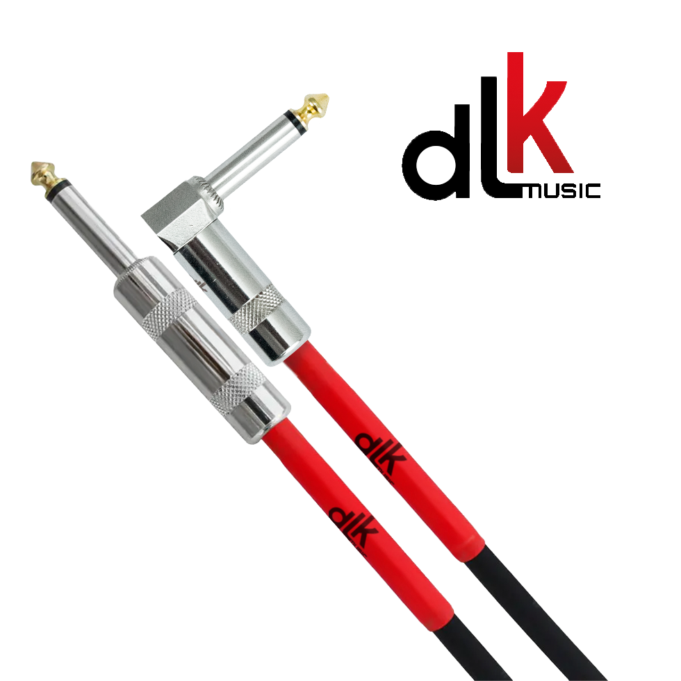 Dois cabos DLK Music para instrumentos com conectores P10 metálicos, um reto e outro em ângulo, acabamento vermelho.
