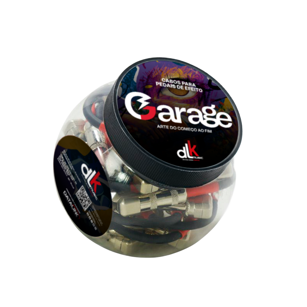 Pote transparente DLK Garage com cabos de pedal enrolados e conectores metálicos visíveis dentro da embalagem redonda.