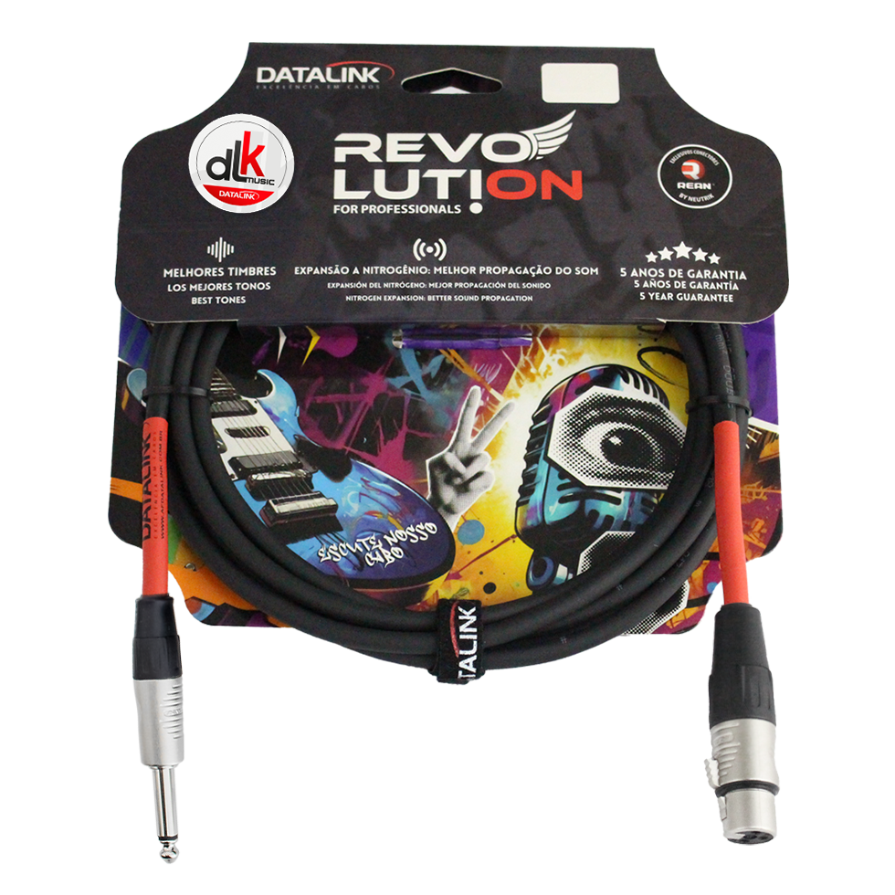 Embalagem do cabo DLK Music Revolution com cabo preto enrolado, conectores metálicos e arte colorida com instrumentos musicais.