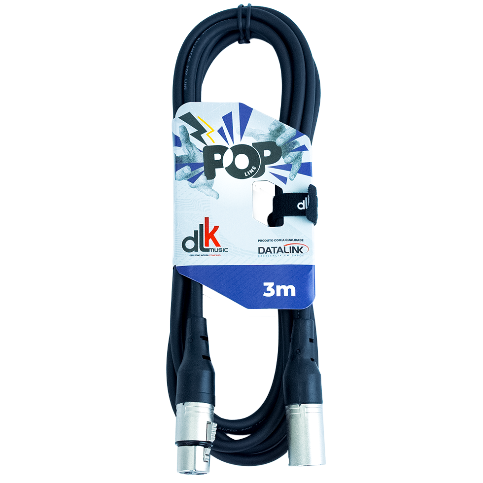 Cabo POP Line para microfone com conectores XLR metálicos e 3 metros, indicado para estudo, ensaios e uso musical básico.
