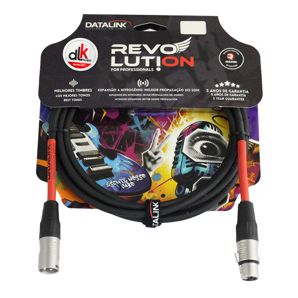 Embalagem do cabo DLK Music Revolution com cabo preto enrolado, conectores metálicos e arte colorida com instrumentos musicais.