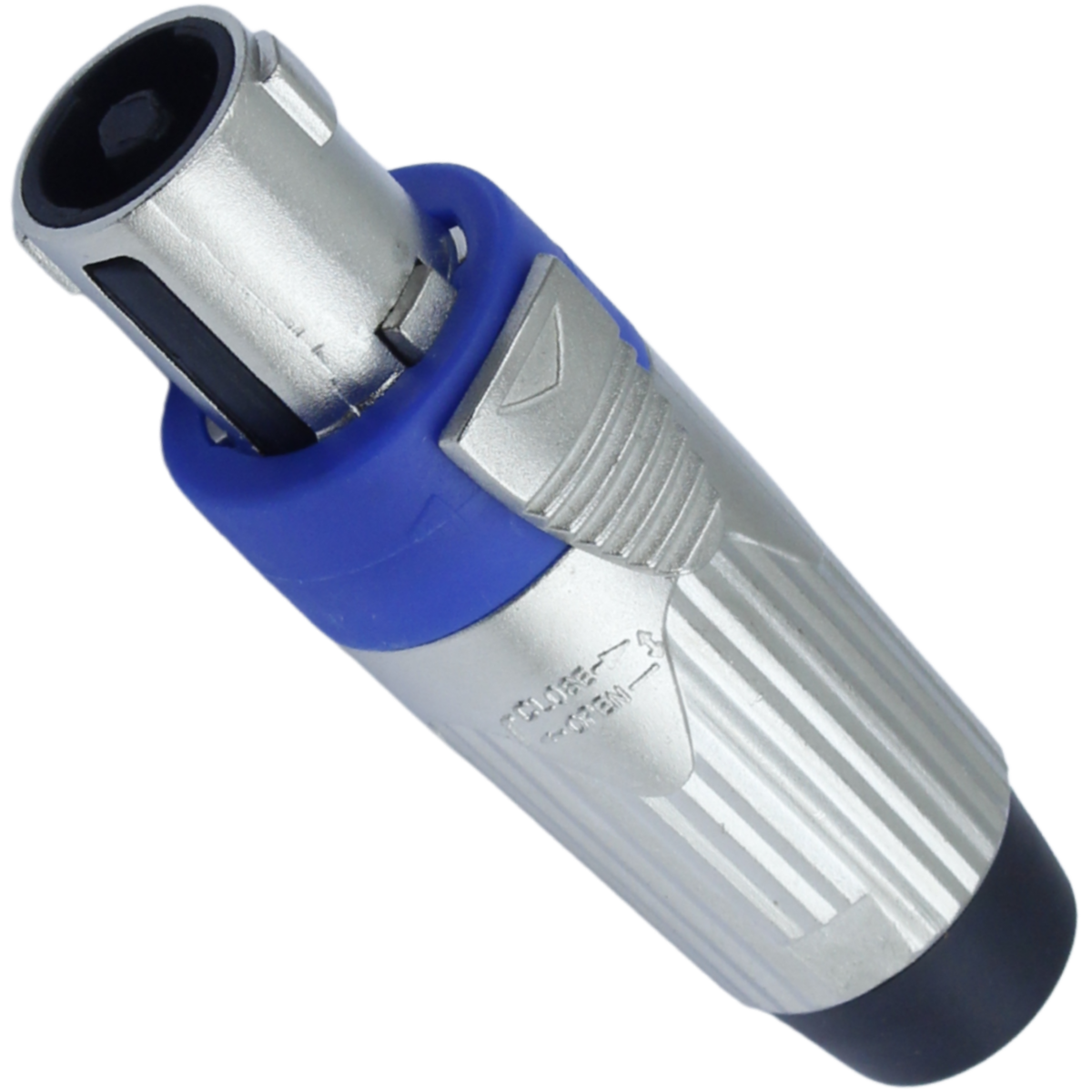 Conector de som SpeakOn fêmea de 4 polos metálico com detalhe azul.
