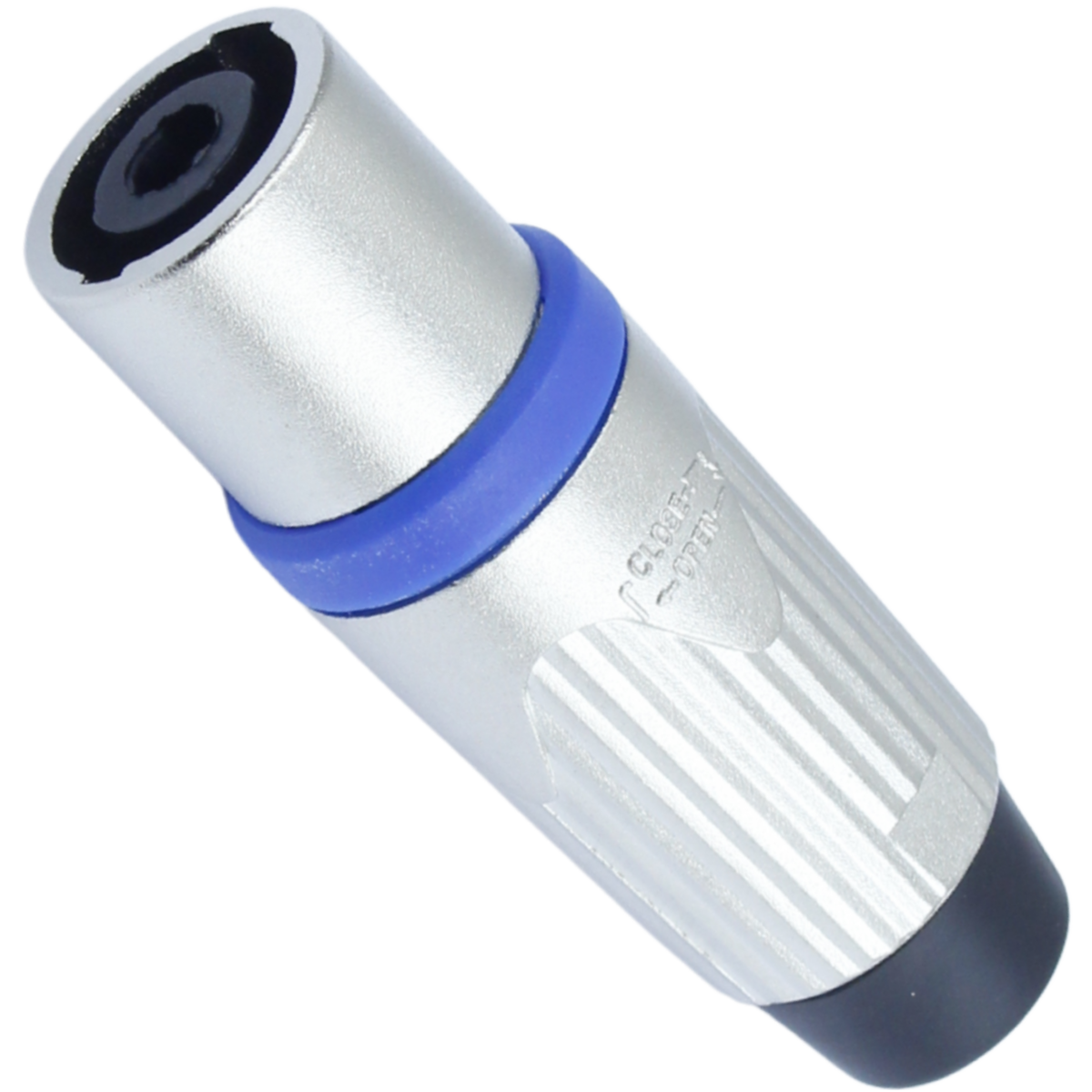 Conector de som SpeakOn macho 4 polos, corpo metálico prateado com detalhe azul e preto.
