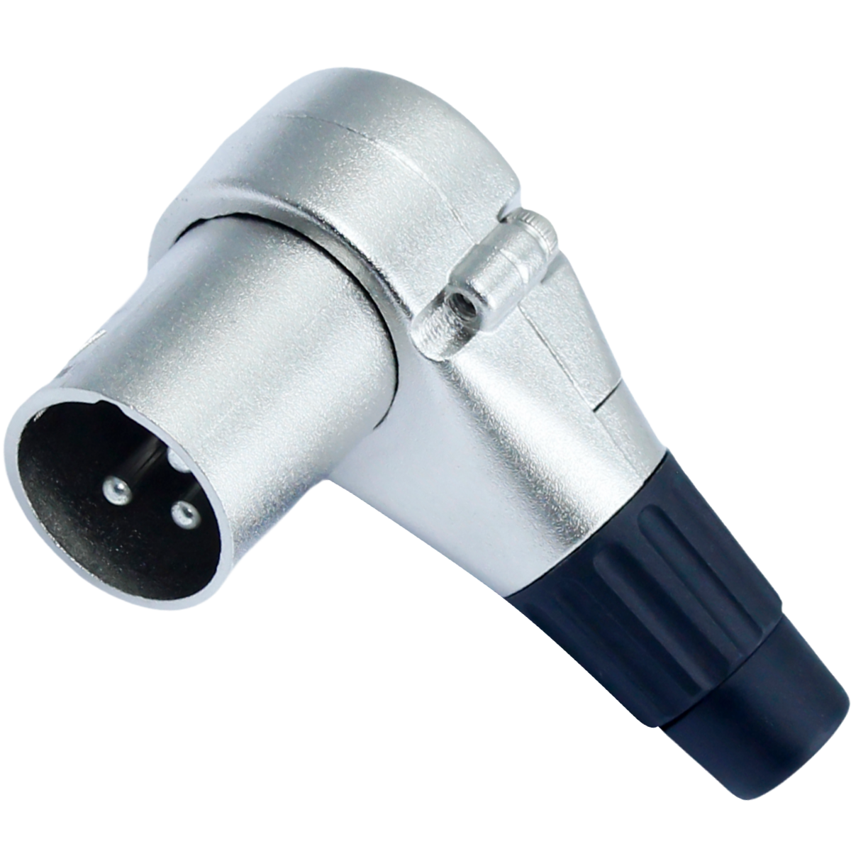 Conector XLR macho de 3 pinos com corpo metálico prateado e capa traseira preta, usado em áudio profissional.