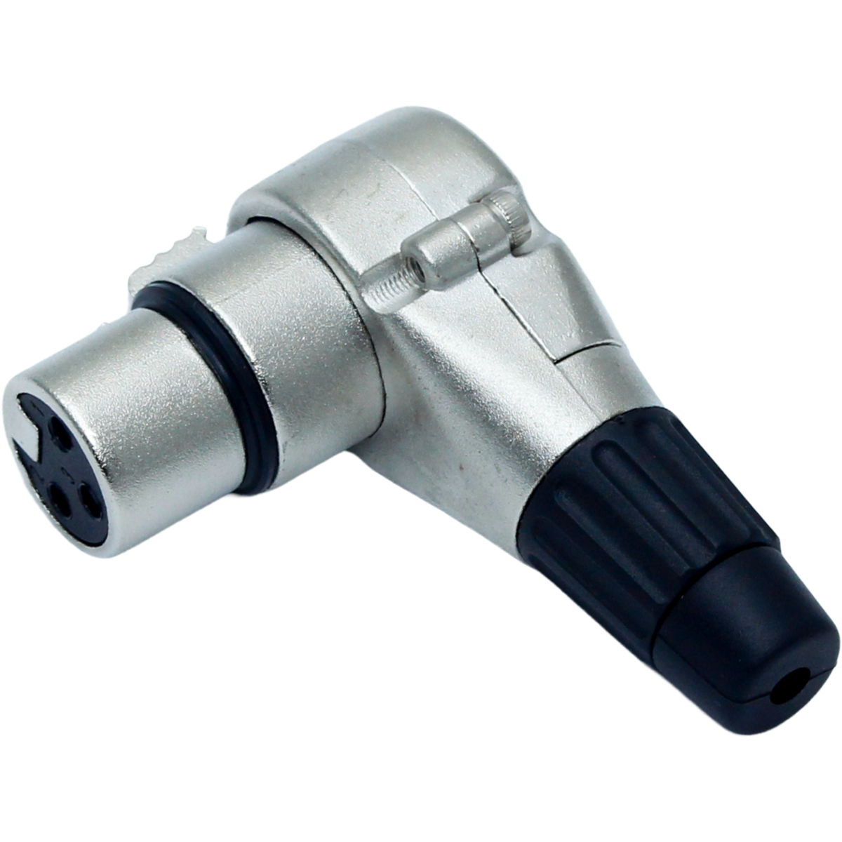 Conector XLR fêmea de 3 pinos com corpo metálico prateado e capa traseira preta, comum em equipamentos de áudio.