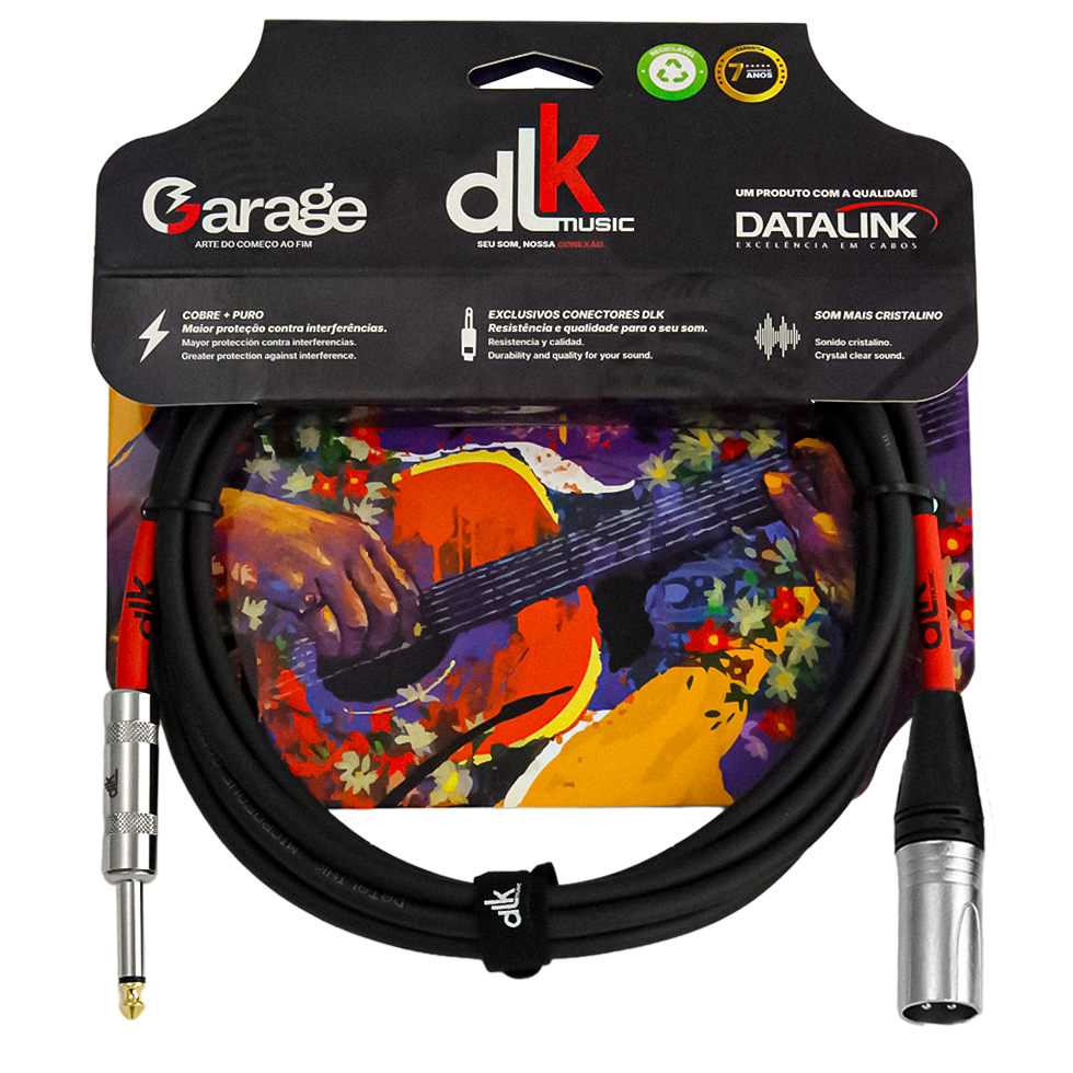 Cabo Datalink DLK Music Garage com um conector P10 e um conector XLR fêmea na embalagem, focado em alta fidelidade.