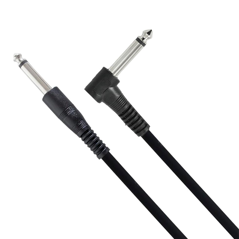 Dois cabos pretos com conectores P10 metálicos nas extremidades, usados para ligação de instrumentos musicais profissionais.
