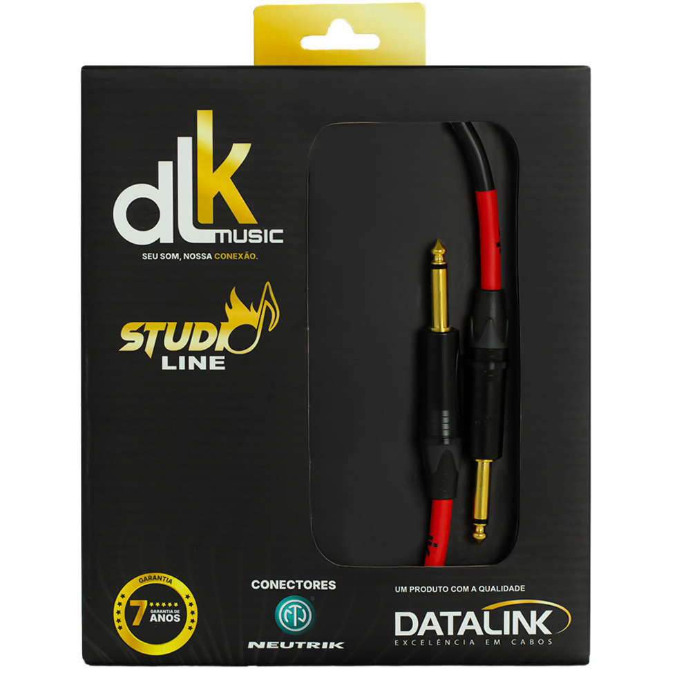 Embalagem DLK Music Studio Line destacando cabo vermelho e preto e conectores profissionais dourados.