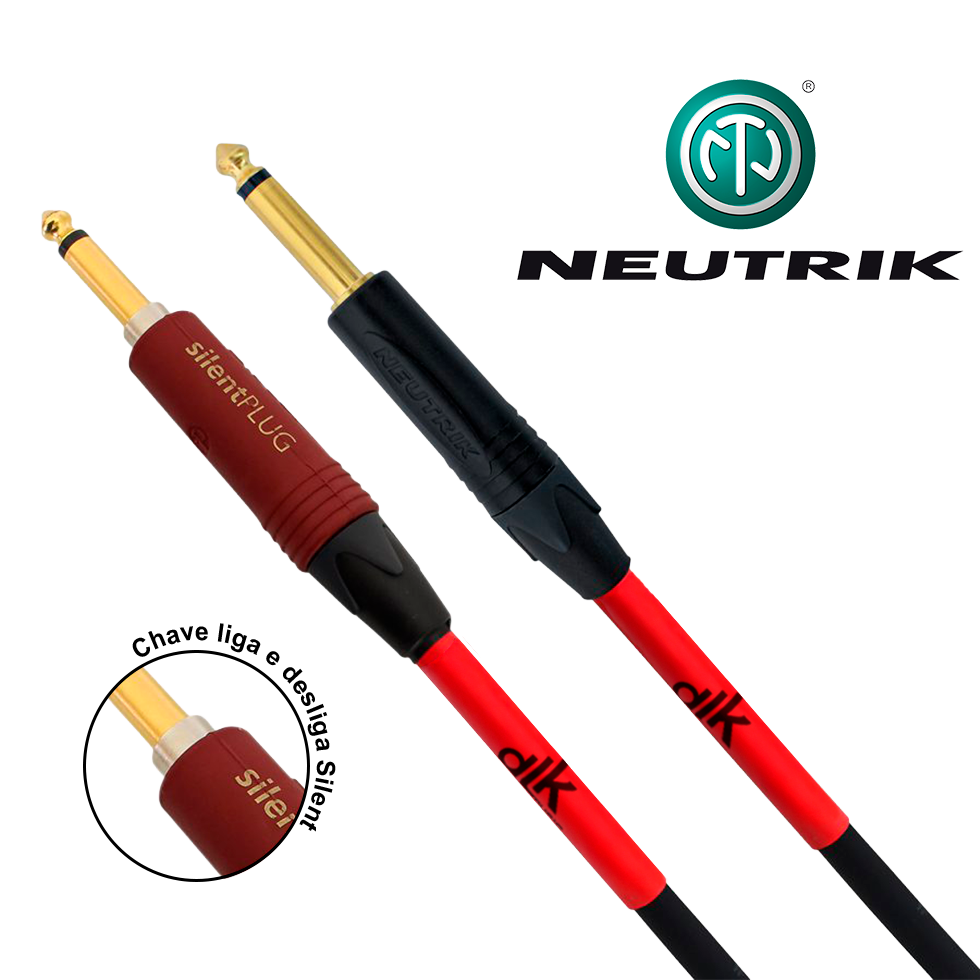 Dois cabos DLK com plugs P10 dourados Neutrik, um modelo Silent Plug com chave liga e desliga destacada.
