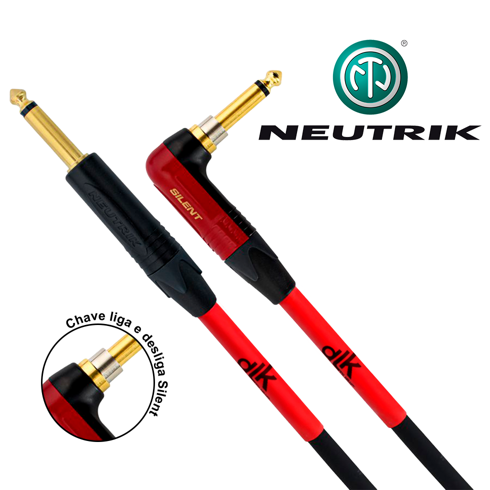 Cabos DLK vermelho e preto com conectores Neutrik dourados, um plug em L com função Silent e chave liga/desliga.