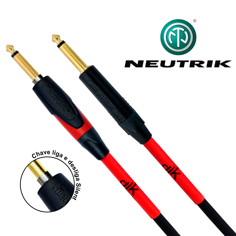 Dois cabos DLK com plugs P10 dourados Neutrik, um modelo Silent Plug com chave liga e desliga destacada.
